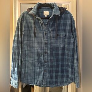American Eagle Super Soft Blue Plaid Flannel Button down Shirt Removable Hood M